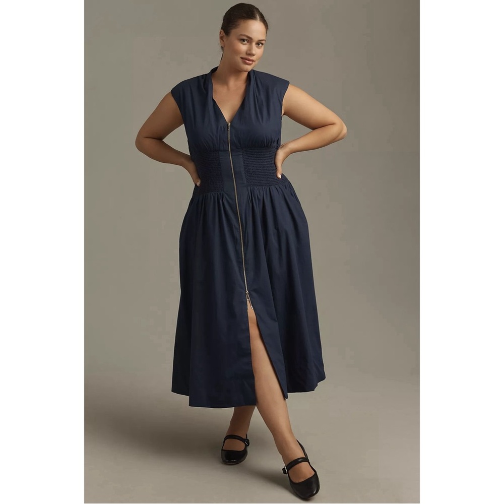 Anthropologie “The Tommie Zip-Front Midi Dress” by Maeve Navy Blue Dress SZ 2X